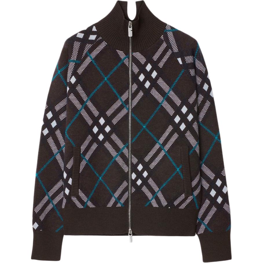 (Women) Burberry SS24  Black Check Zip-Up Loose Knit Sweater. 80950831