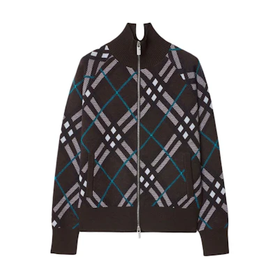 (Women) Burberry SS24 Black Check Zip-Up Loose Knit Sweater. 80950831