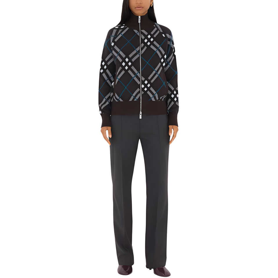 Lookbook (W) 버버리 SS24 블랙 체크 집업 루즈 니트 스웨터. 80950831