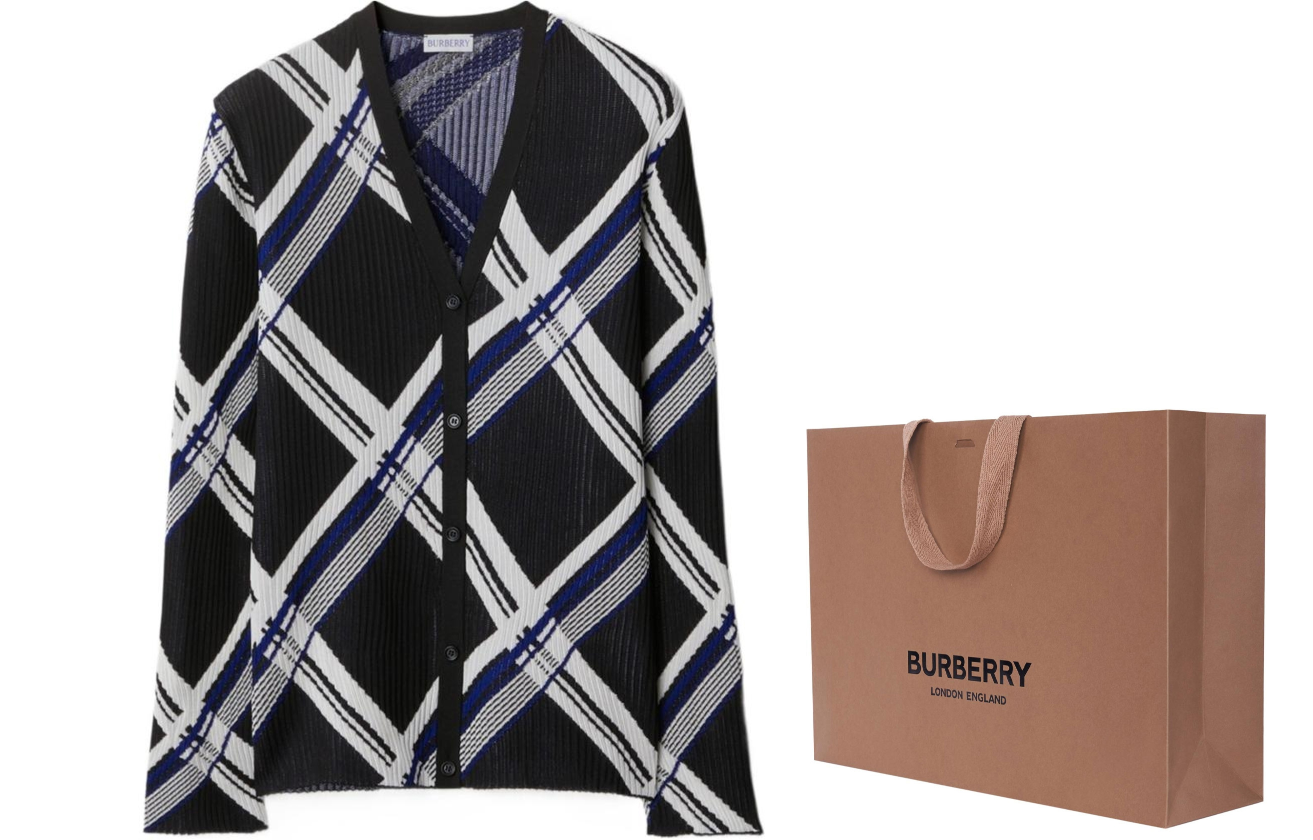 Shop (Women) Burberry SS24  Black Color-Block Striped V-Neck Knit Cardigan 80888911