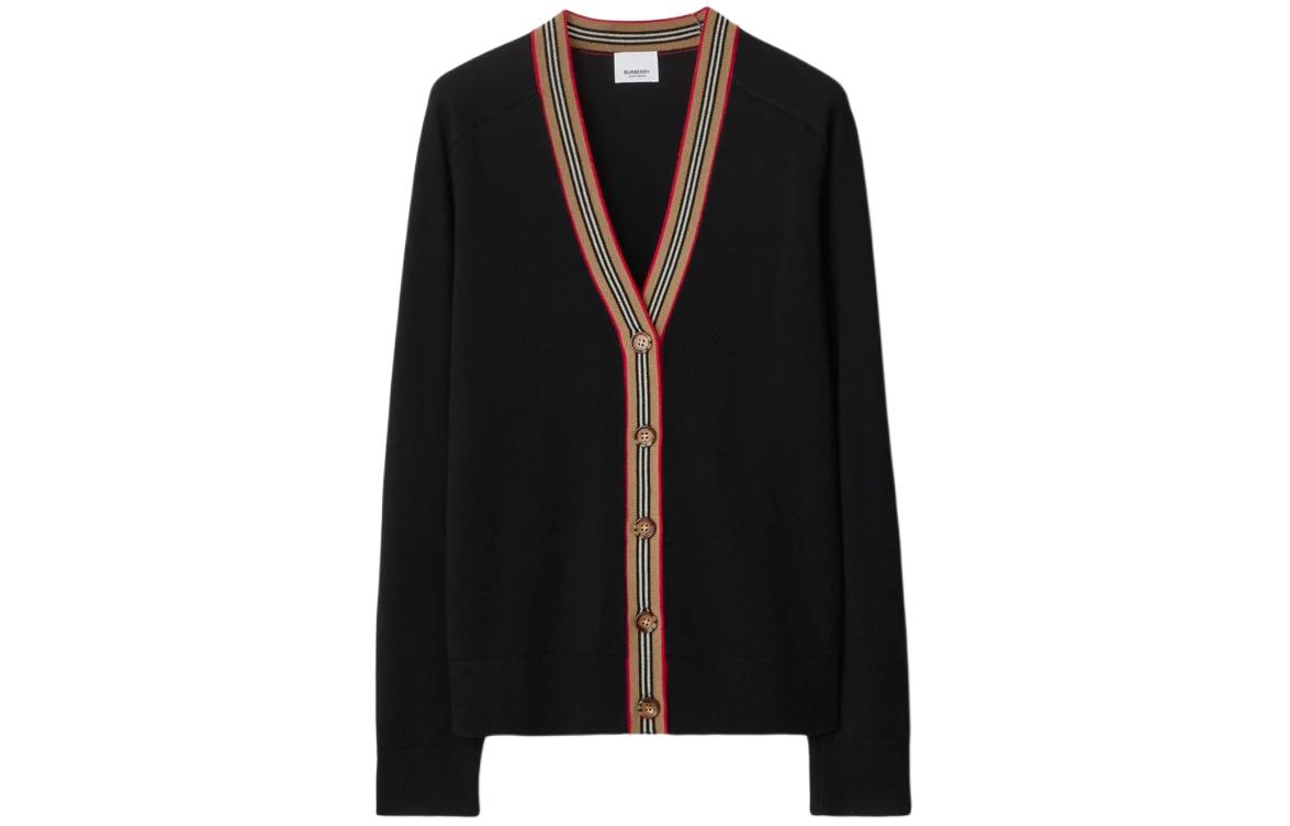 (Women) Burberry SS24  Black Striped V-Neck Button-Up Knit Cardigan. 80843251