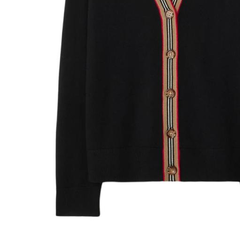 Sizing (W) Cárdigan de punto Burberry SS24 negro a rayas con escote en V y botones. 80843251