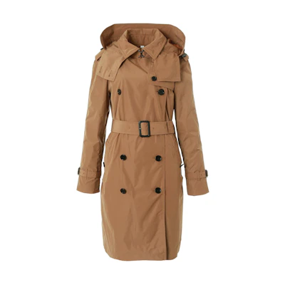(Women) Burberry SS24 Camel Double-Breasted Hooded Long Sleeve Trench Coat. 80735071