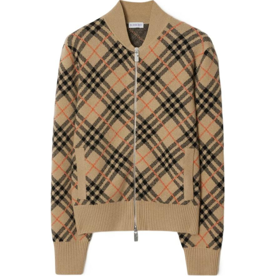 (Women) Burberry SS24  Cashmere Check Zip Baseball Sweater Beige. 80998811