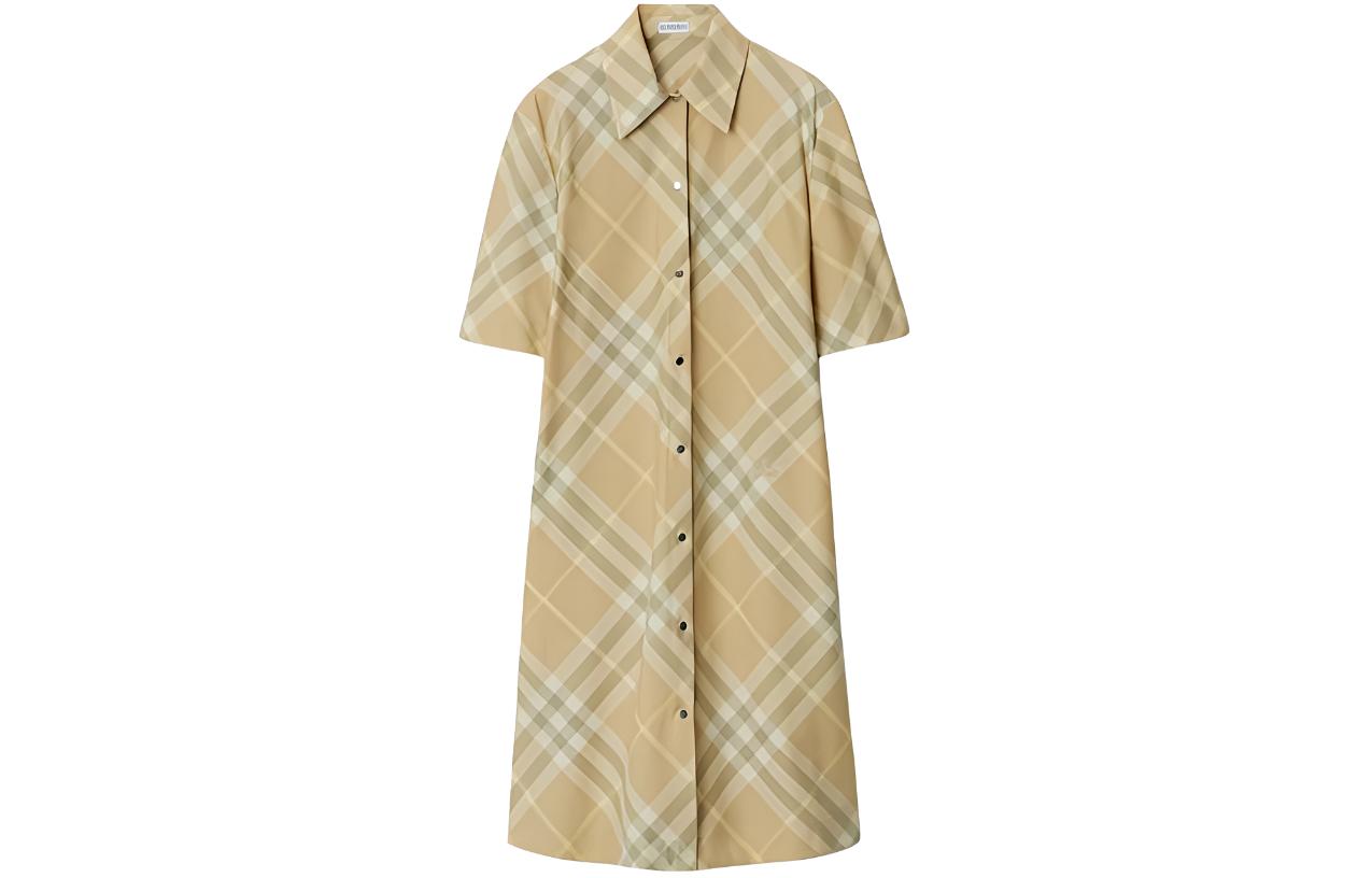 (Women) Burberry SS24  Check Short-Sleeve Shirt Dress in Linen Beige. 80835471