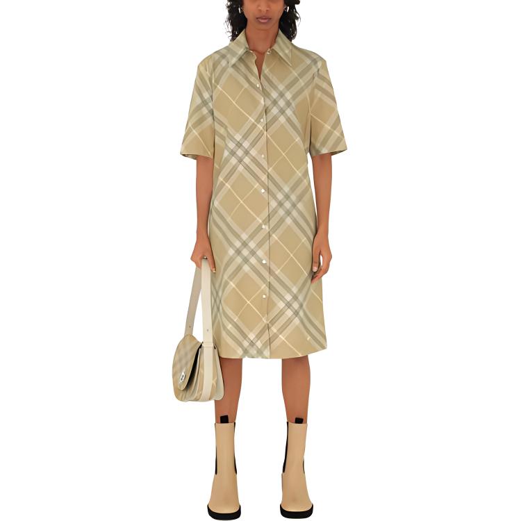 Shop (W) Vestido Camisero Burberry SS24 a Cuadros de Manga Corta en Beige Lino. 80835471