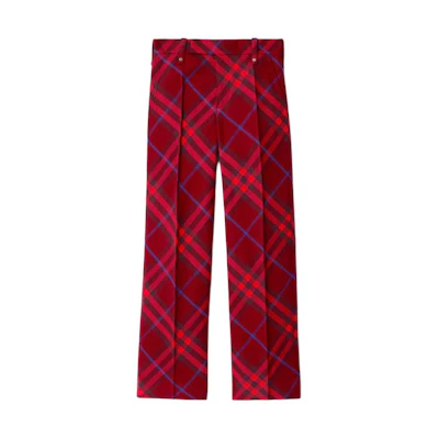 (Women) Burberry SS24 Colorblock Plaid Straight-Leg Casual Pants - Crimson Red 80774731