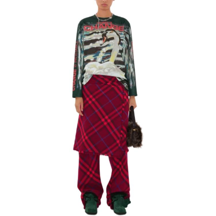 Shop (W) Burberry SS24 Seluar Santai Lurus Colorblock Plaid - Merah Crimson 80774731