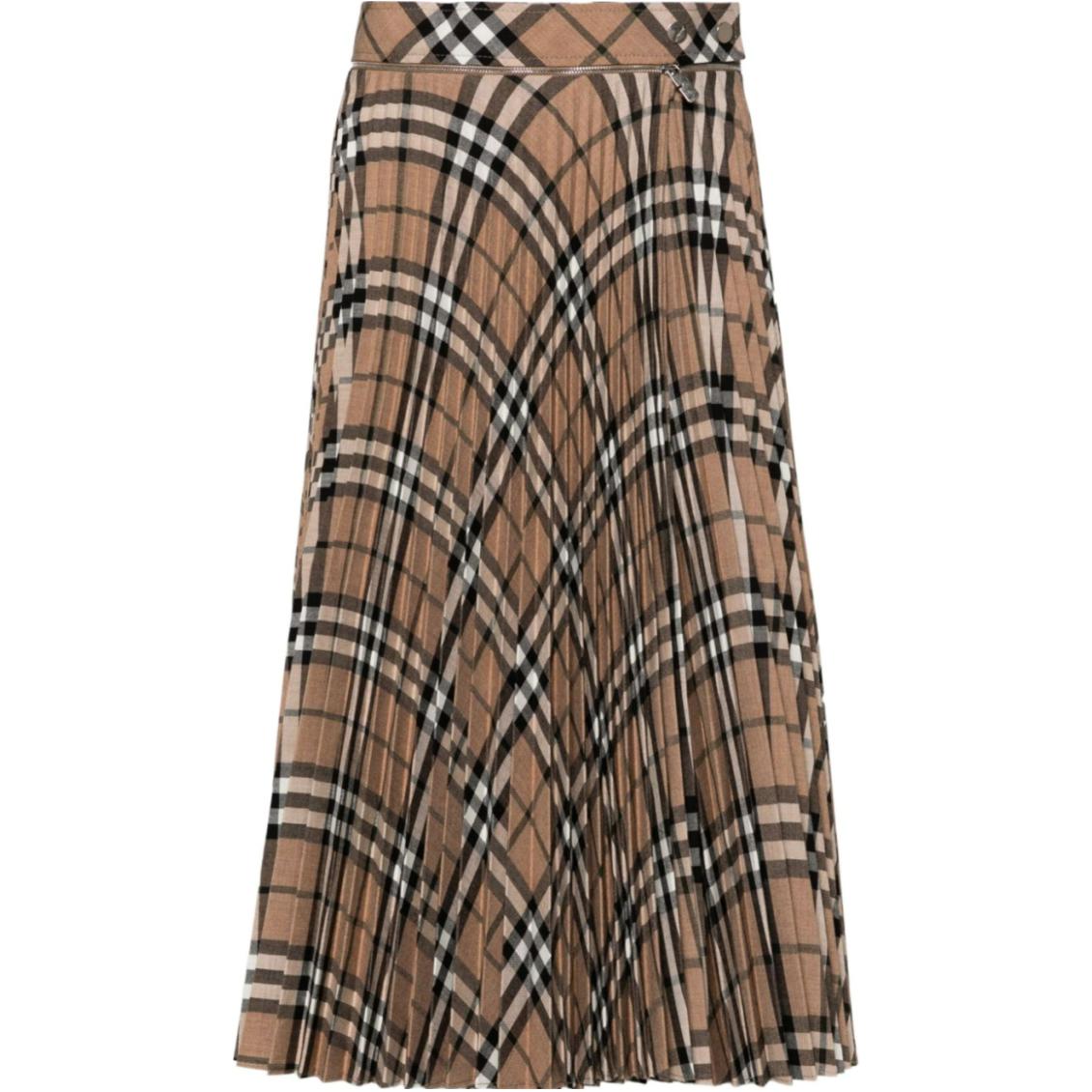 Order (W) Burberry SS24 Skirt Maxi Kotak Tinggi Pinggang Pleated Coklat 80957981