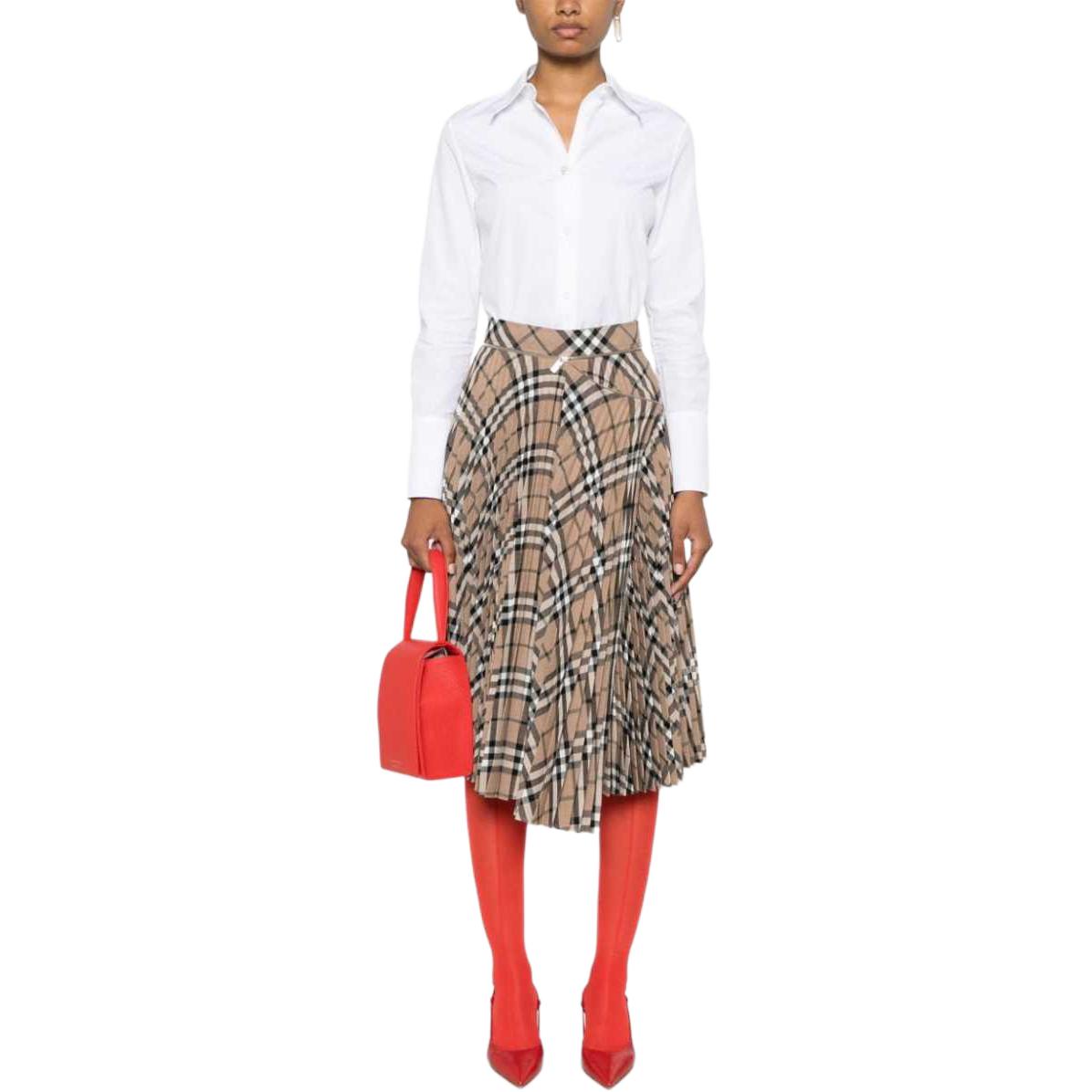 Lookbook (W) Burberry SS24 Skirt Maxi Kotak Tinggi Pinggang Pleated Coklat 80957981