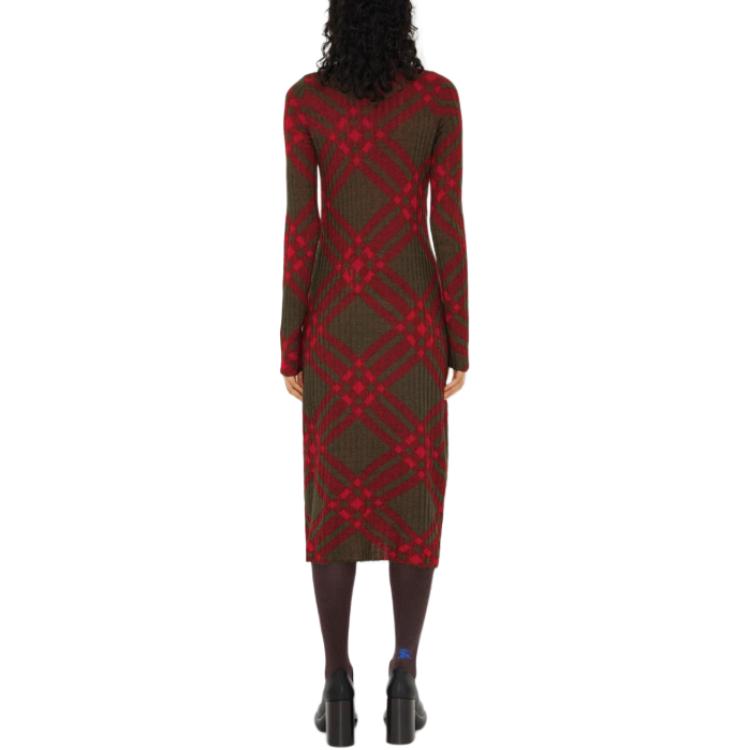 Shop (W) Burberry SS24 紅色格紋高領長袖中長洋裝 80935801