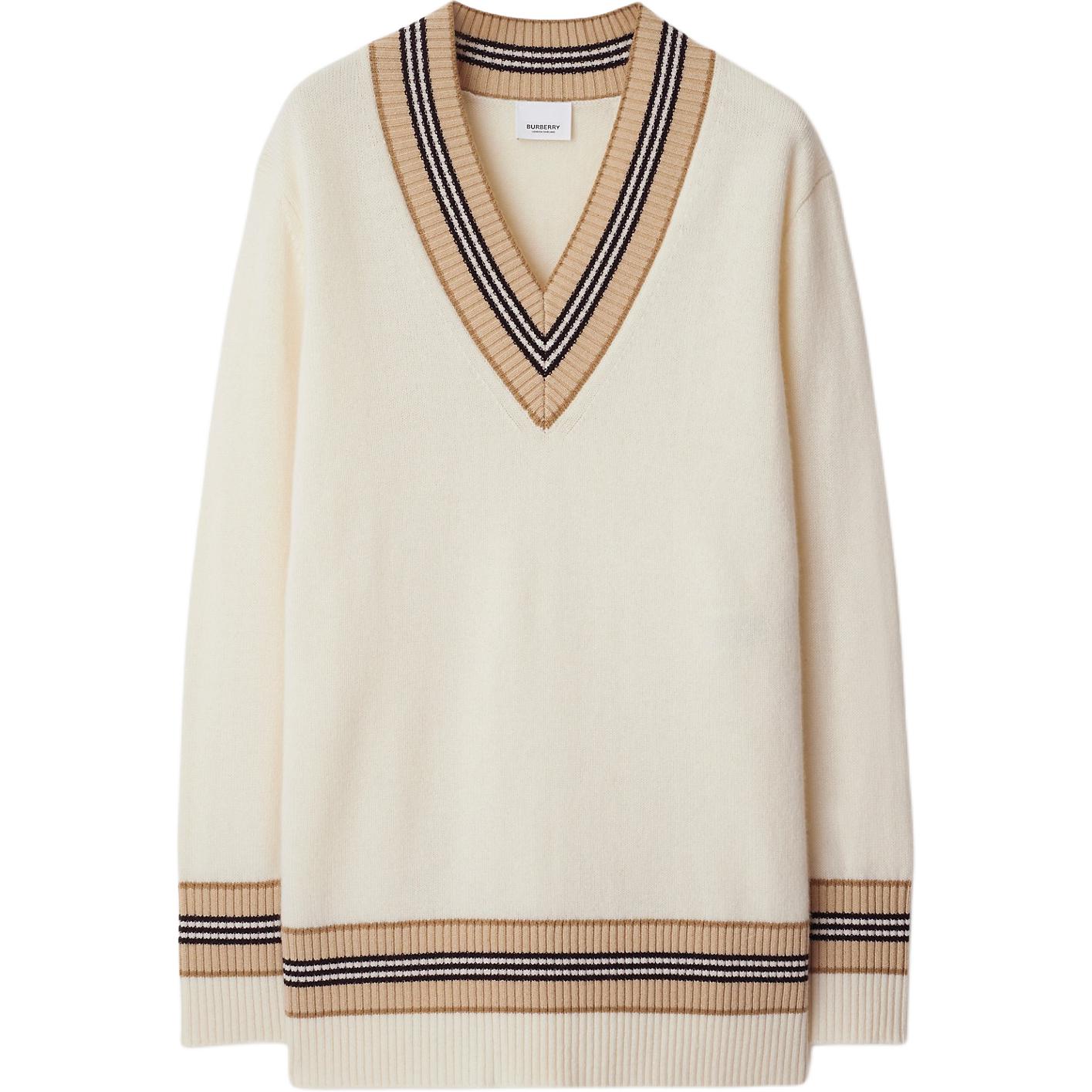 (Women) Burberry SS24  Striped Jacquard V-Neck Cashmere Sweater - Vanilla. 80991581