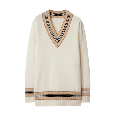 (Women) Burberry SS24 Striped Jacquard V-Neck Cashmere Sweater - Vanilla. 80991581