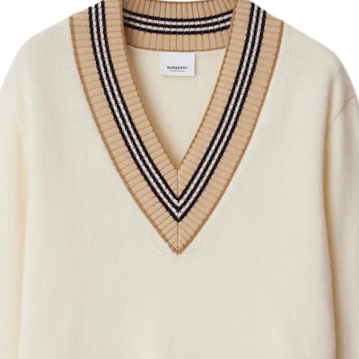 (Women) Burberry SS24 Striped Jacquard V-Neck Cashmere Sweater - Vanilla. 80991581 Lookbook (Women) Burberry SS24 Striped Jacquard V-Neck Cashmere Sweater - Vanilla. 80991581