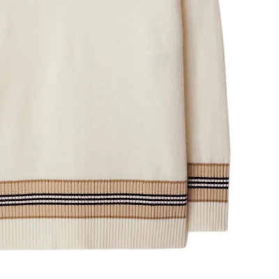 (Women) Burberry SS24 Striped Jacquard V-Neck Cashmere Sweater - Vanilla. 80991581 Details for (Women) Burberry SS24 Striped Jacquard V-Neck Cashmere Sweater - Vanilla. 80991581