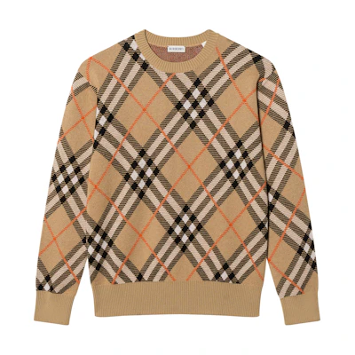 (Women) Burberry SS24 Check Ribbed Crewneck Loose Fit Knit Sweater Beige 80934861