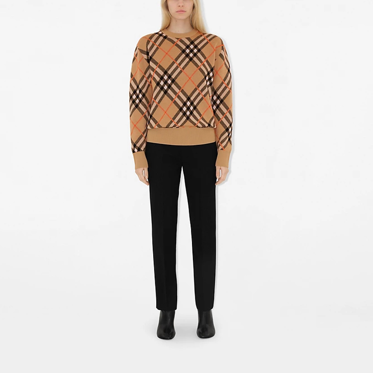 (Women) Burberry SS24 Check Ribbed Crewneck Loose Fit Knit Sweater  Beige 80934861 圖 4