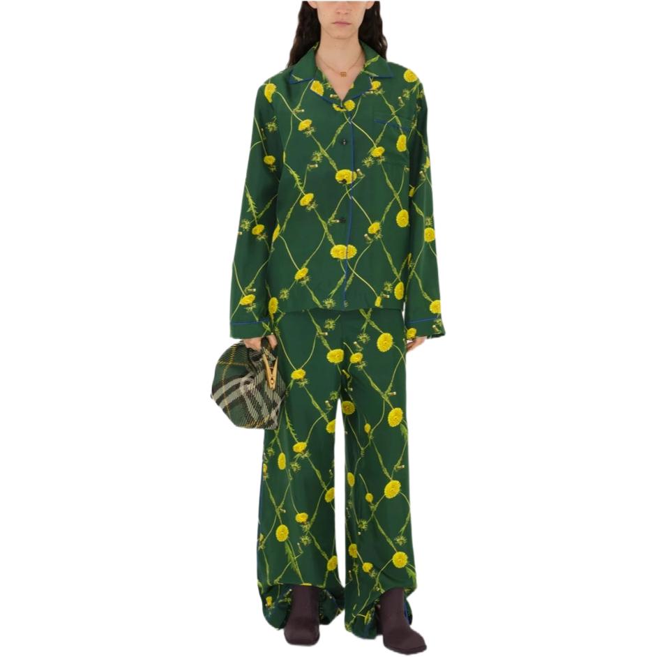 (Women) Burberry SS24 Dandelion Print Cuban Collar Long Sleeve Shirt Women Green 80829881