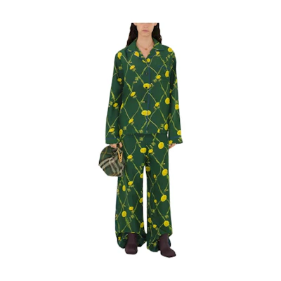 (Women) Burberry SS24 Dandelion Print Cuban Collar Long Sleeve Shirt Women Green 80829881