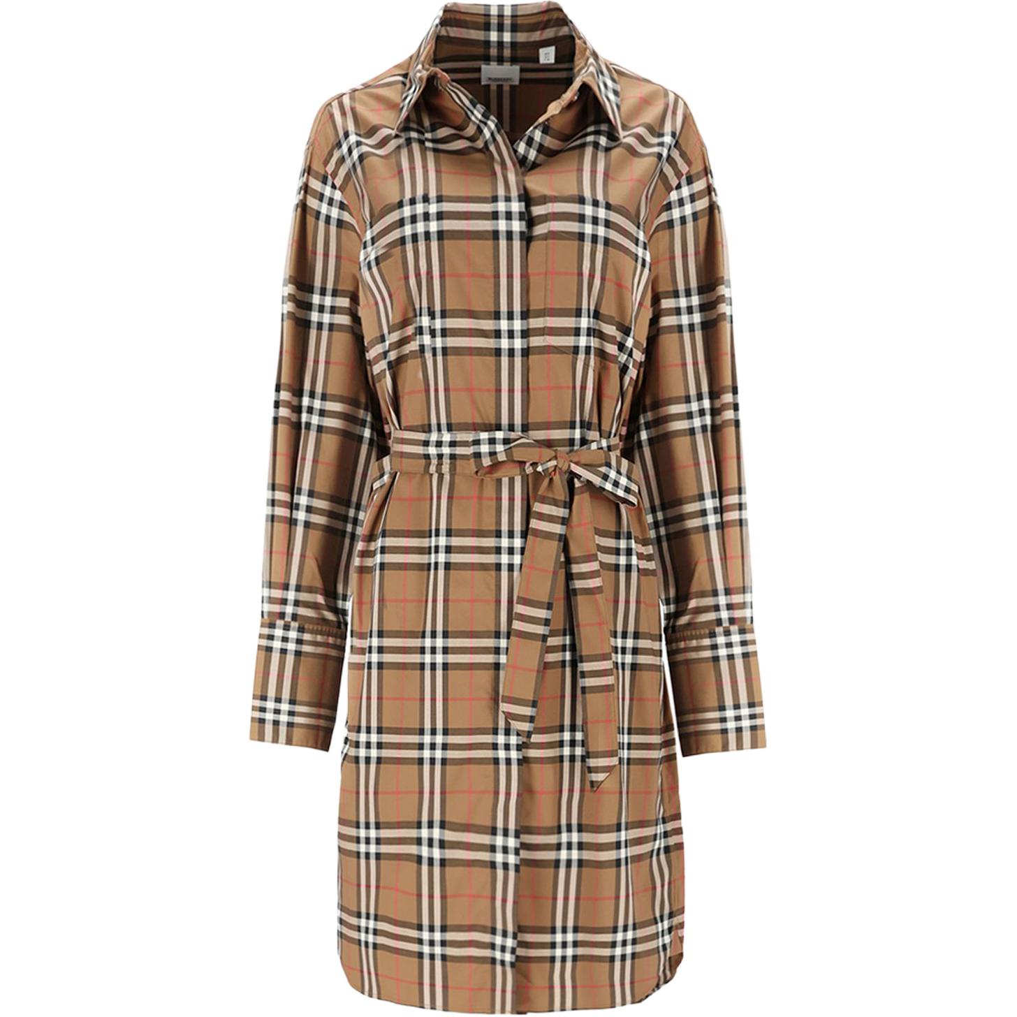 (Women) Burberry SS24 Plaid Printed Long Sleeve Midi Dress Brown -  Casual Style 80843091