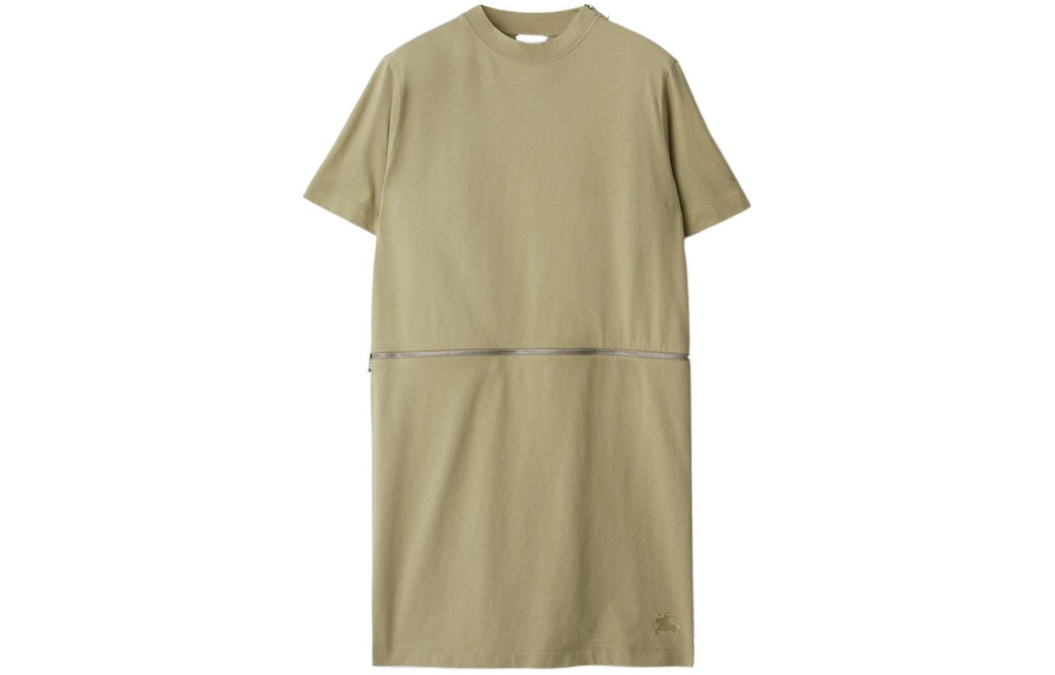 (Women) Burberry SS24 Solid Color Crew Neck Zipper Short Sleeve Dress Women Green 80881031