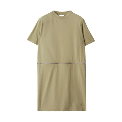 (Women) Burberry SS24 Solid Color Crew Neck Zipper Short Sleeve Dress Women Green 80881031