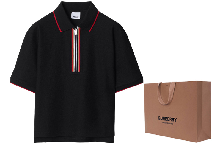 Shop (W) Polo Burberry SS24 Negra a Rayas con Media Cremallera y Corte Relajado. 80844251