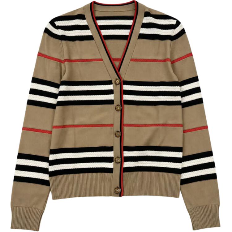 (Women) Burberry SS24 Striped V-Neck Button-Up Knit Cardigan Khaki - . 80843281