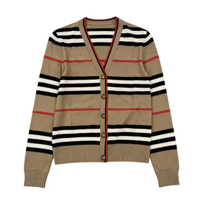 (Women) Burberry SS24 Striped V-Neck Button-Up Knit Cardigan Khaki - . 80843281