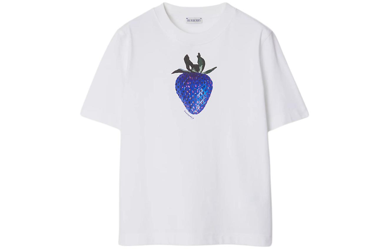 (Women) Burberry Strawberry Print Crew Neck Short Sleeve Regular T-Shirt White (). 80893681