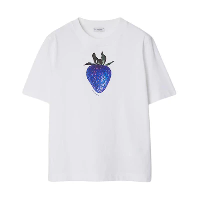 (Women) Burberry Strawberry Print Crew Neck Short Sleeve Regular T-Shirt White (). 80893681