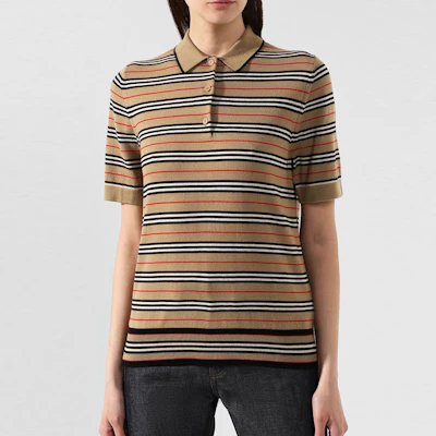 (W) Burberry Polo Shirt Coklat Lengan Pendek Garis-Garis Kasual. 80089361 Lookbook (W) Burberry Polo Shirt Coklat Lengan Pendek Garis-Garis Kasual. 80089361