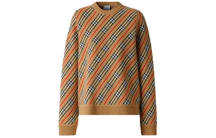 (Women) Burberry Striped Check Merino Wool Knit Sweater - Brown 80332341