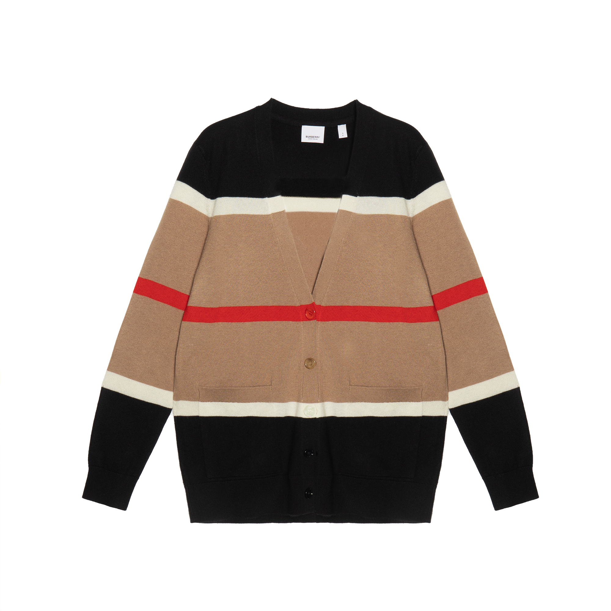 (Women) Burberry Striped Long Sleeve Knit Cashmere Sweater in Camel. 80484241