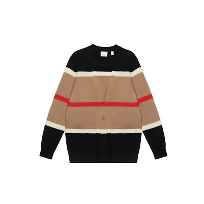 (Women) Burberry Striped Long Sleeve Knit Cashmere Sweater in Camel. 80484241