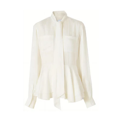 (Women) Burberry Striped Silk Tie Collar Long Sleeve Shirt in Natural White. 80488581