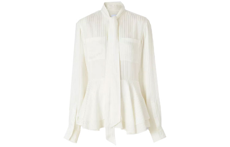 (Women) Burberry Striped Silk Tie Collar Long Sleeve Shirt in Natural White. 80488581 圖 2
