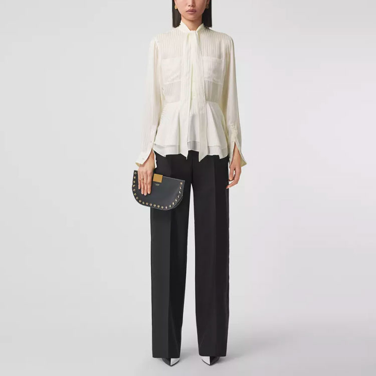 (Women) Burberry Striped Silk Tie Collar Long Sleeve Shirt in Natural White. 80488581 圖 3