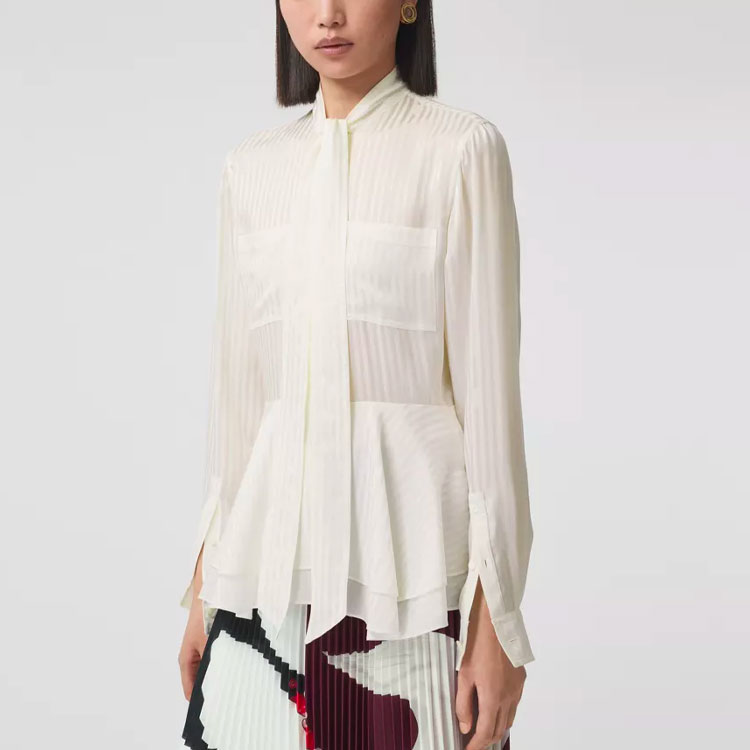 (Women) Burberry Striped Silk Tie Collar Long Sleeve Shirt in Natural White. 80488581 圖 5