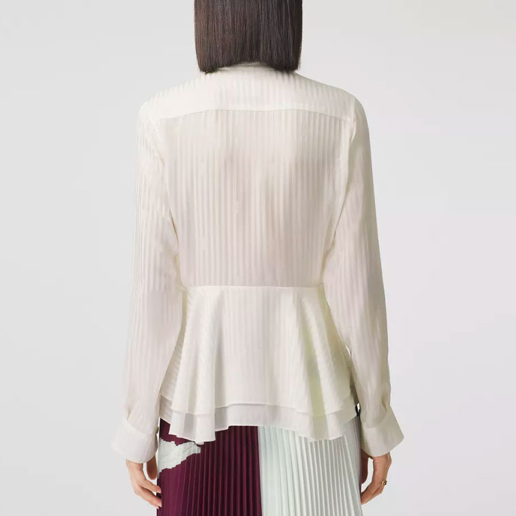 (Women) Burberry Striped Silk Tie Collar Long Sleeve Shirt in Natural White. 80488581 圖 6