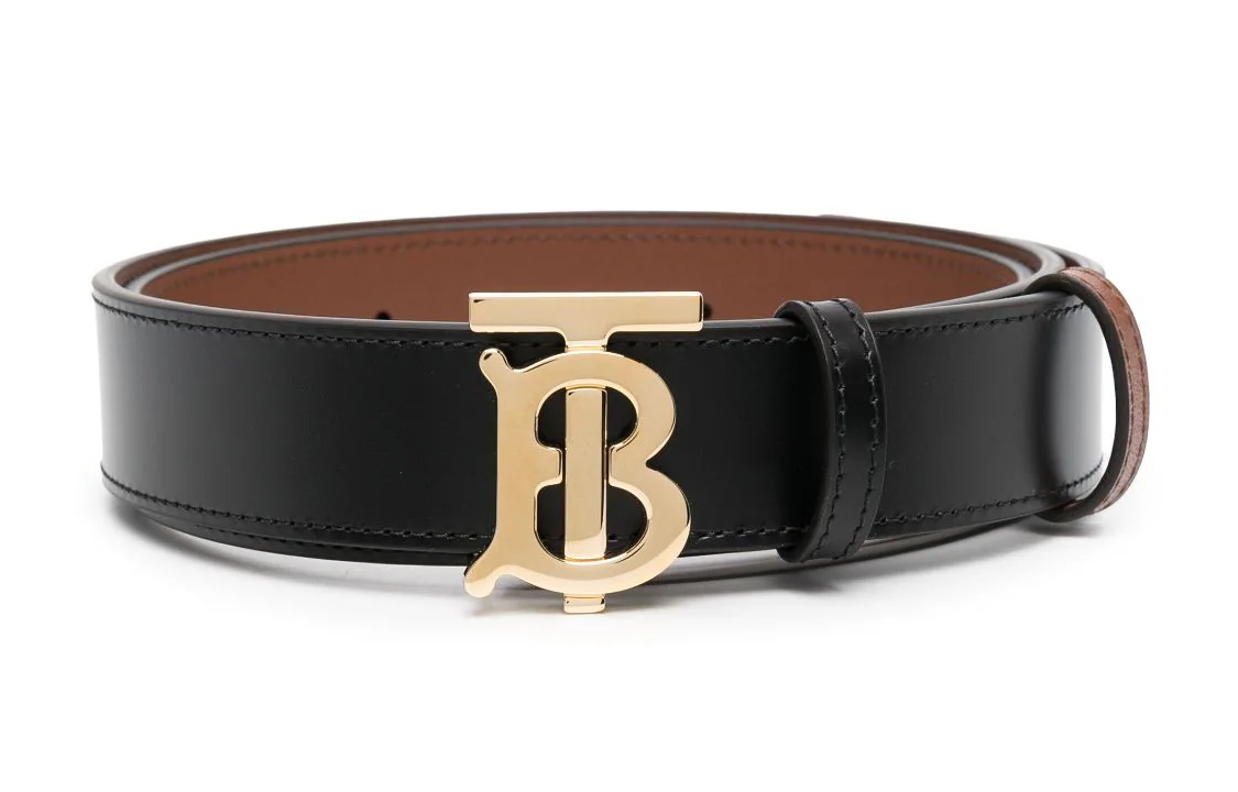 (Women) Burberry TB Monogram  Black Calfskin Leather Belt 3cm Width. 8071834