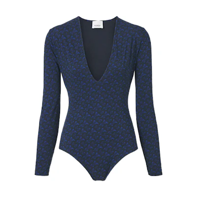 (Women) Burberry TB Monogram Print Stretch V-Neck Bodysuit Deep Royal Blue. 80488671