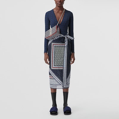 (Women) Burberry TB Monogram Print Stretch V-Neck Bodysuit Deep Royal Blue. 80488671 Details for (Women) Burberry TB Monogram Print Stretch V-Neck Bodysuit Deep Royal Blue. 80488671