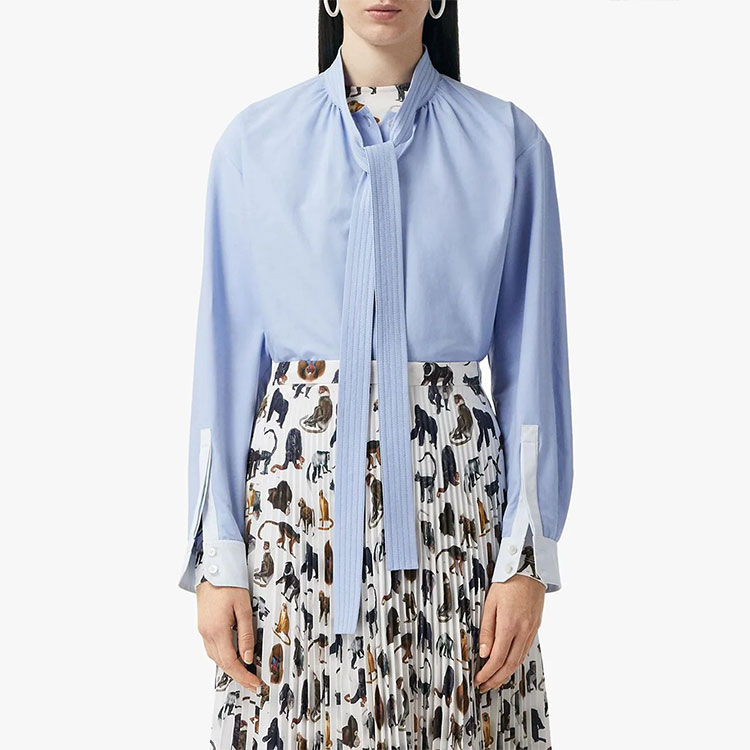 (Women) Burberry Tie Neck Single-Breasted Long Sleeve Shirt Blue 80308751 圖 3