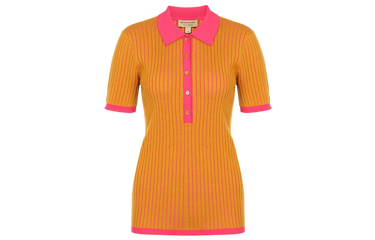 (Women) Burberry Two-Tone Cashmere Short Sleeve Polo Shirt Yellow 80014831