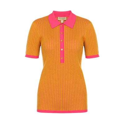(Women) Burberry Two-Tone Cashmere Short Sleeve Polo Shirt Yellow 80014831