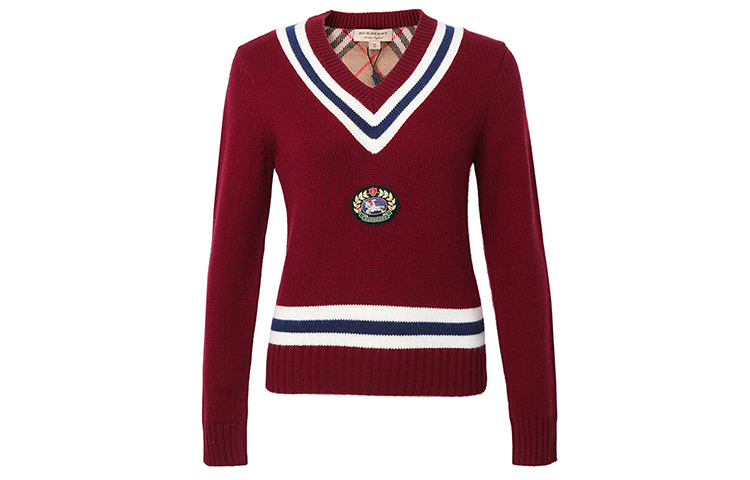 (Women) Burberry V-Neck Wool Pullover Sweater Red. 80078521