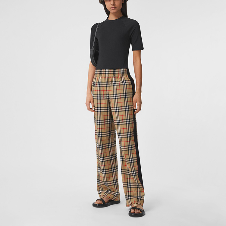 Shop (Women) Burberry Vintage Beige Check Wide-Leg Striped Trousers for Women 80405971