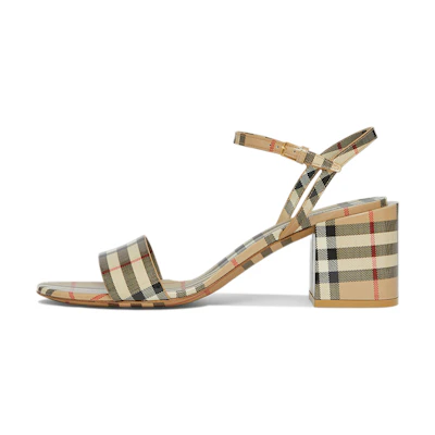 (W) Burberry Vintage Calfskin Sandals Beige 'Check Pattern Block Heel'