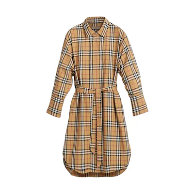(Women) Burberry Vintage Check Belted Shirt Dress Women in Classic Yellow 40734551